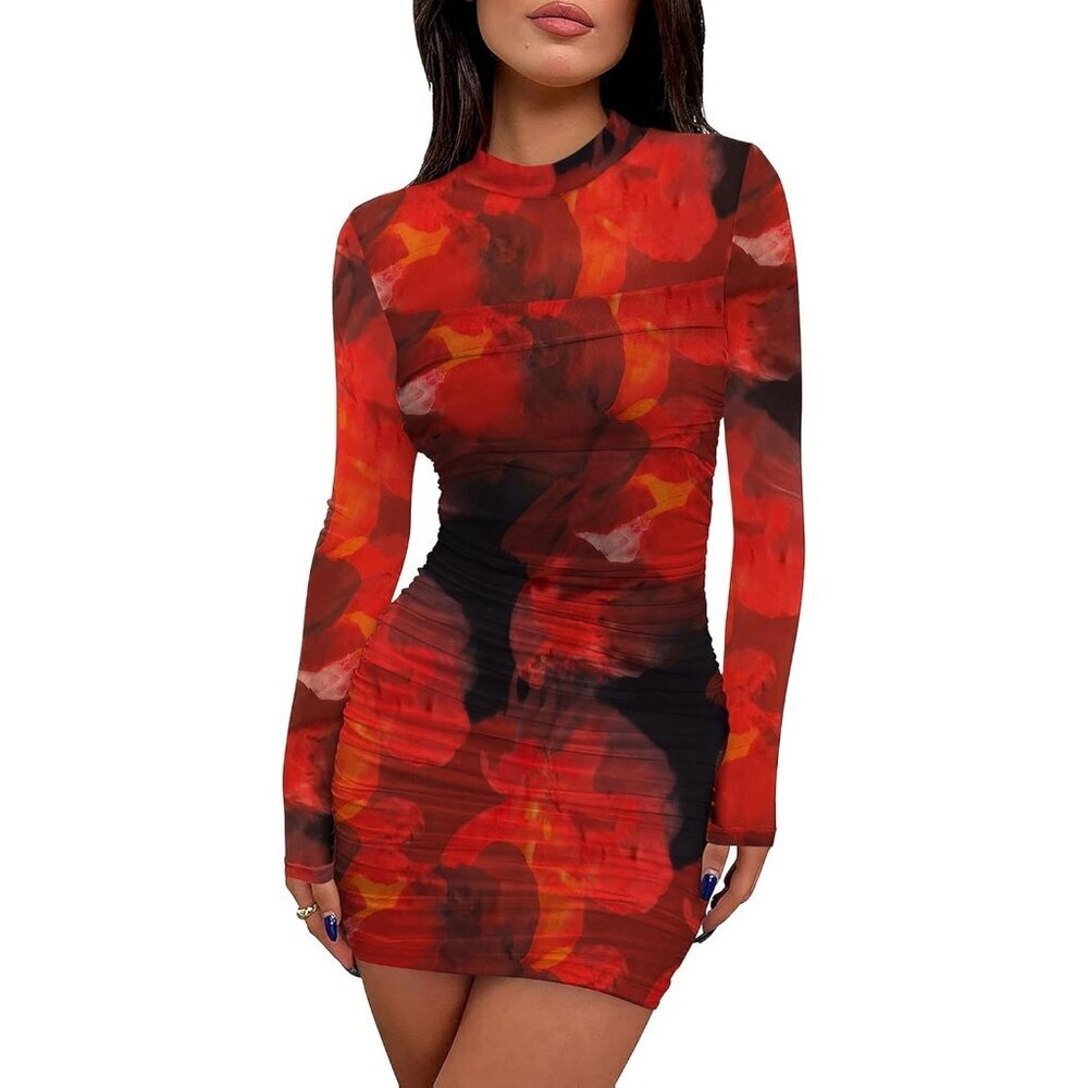 Women's Red Print Long Sleeve Ruched Bodycon Neck Mini Party Dresse